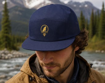 Montana Wolf 5 Panel Hat, Embroidered Outdoor Cap, Gold Howling Wolf Hat, Navy Camping Cap, Ravenmark Supply Co