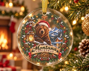 Montana Christmas 2026 Grizzly Bear Glass Ornament, Montana Christmas Ornament, Bear Christmas Decor, Montana Gift