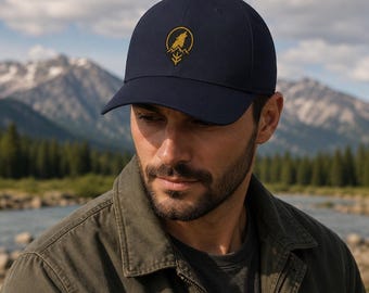 Montana Wolf Hat, Embroidered Flexfit Cap, Howling Wolf Mountain Hat, Dark Navy Outdoor Cap, Ravenmark Supply Co