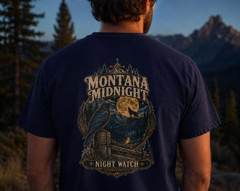 Montana Midnight Night Watch Comfort Colors 1717 Tee, Raven and Moon Back Print Shirt