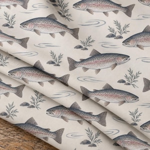 Tissu à motifs de truite au mètre, sergé de coton vintage à motifs de truite arc-en-ciel, tissu de pêche à la mouche du Montana