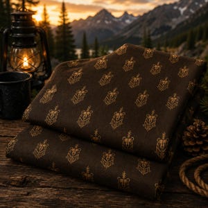 May include: A folded dark brown fabric featuring a repeating gold-colored geometric bear head pattern. The bear design includes a small tree-like symbol extending from the top of the head. The fabric is displayed with a lantern and pinecone.