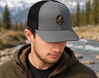 Montana Trucker Hat, Raven Embroidered Cap, Richardson 112 Snapback, Gray Black Outdoor Hat, Ravenmark Supply Co