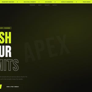 Puede incluir: Página de inicio del sitio web de Apex, un servicio de entrenamiento personal. El diseño presenta un fondo oscuro con acentos verde neón. El texto "PUSH YOUR LIMITS" se muestra de forma destacada, junto con el nombre de la empresa y los botones de llamada a la acción.