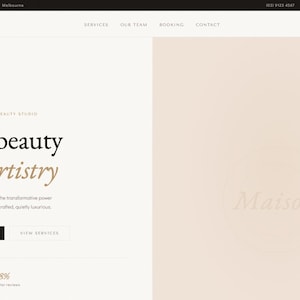 May include: A website landing page for Maison, a beauty studio in Melbourne. The page features the text "Where beauty meets artistry" in a stylish font. The color scheme is neutral with a soft beige and white palette.