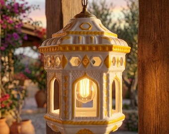 Maurische Keramik-Hängelaterne | Handbemalte gelbe spanische Pendelleuchte | Rustikaler Kronleuchter im marokkanischen Stil für die Terrasse | Boho-Dekor