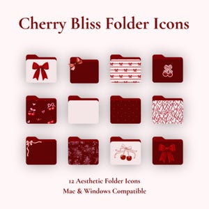 Op de afbeelding: Een set van 12 digitale mapiconen getiteld Cherry Bliss Folder Icons, Mac & Windows Compatible. De iconen bevatten diverse rood-witte ontwerpen, waaronder strikken, kersen, hartjes en bloemmotieven op effen of gedessineerde achtergronden.