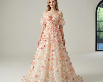 Vestido de gala de tul brillante, vestido de noche romántico con estampado floral, vestido con escote corazón y hombros descubiertos desmontables, vestido formal de princesa de cuento de hadas.
