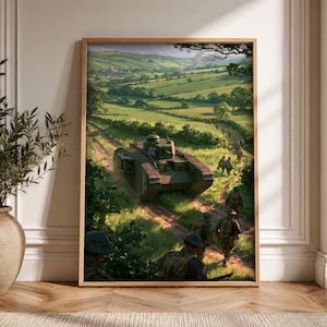 WWII Poster, British Tank Advance, Infantry Wall Art, Framed Unframed or Digital