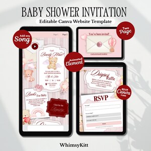 May include: A digital baby shower invitation template displayed on two tablet screens. The design features a teddy bear theme with pink accents, including text like Can't Bearly Wait, Diaper Raffle, and RSVP. It includes interactive elements.