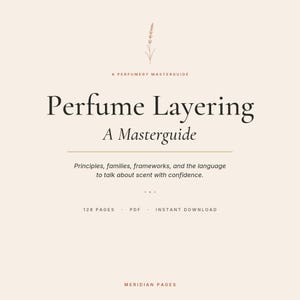 以下が含まれることがあります： クリーム色の背景に「Perfume Layering」というタイトルのデジタルマスターガイド。このガイドには、香りの自信のための原則、ファミリー、フレームワークに関する情報が含まれています。128ページのPDFで、すぐにダウンロードできます。