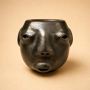 Puede incluir: Un recipiente de cerámica de color gris carbón con forma de cabeza humana. La vasija presenta un acabado mate y texturizado con rasgos faciales prominentes, incluyendo ojos almendrados, una nariz definida y una pequeña boca abierta.