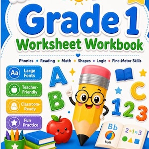 Peut inclure: Un cahier d'exercices de niveau Grade 1 sur fond bleu avec un crayon animé, une pomme rouge et un livre ouvert. La couverture affiche le texte Bright Start Learning Workbook Series, Phonics, Reading, Math, Shapes, Logic et Fine-Motor Skills.