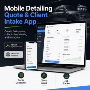 Op de afbeelding: Een digitale marketingafbeelding die een mobiele app voor offerte-aanvragen en klantopname voor autodetailing promoot. De app heeft een dashboard op een laptop en een telefoon met klantinformatie.