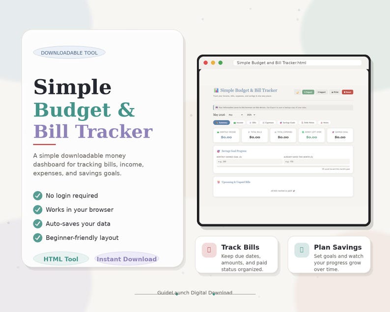 Simple Budget and Bill Tracker, Monthly Finance Dashboard - Etsy