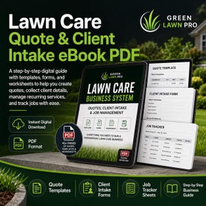 Op de afbeelding: Een digitaal eBook PDF voor gazononderhoud met offertesjablonen, klantformulieren en werkbladen. De omslag toont het Green Lawn Pro-logo en tekst die verwijst naar 45+ pagina's met professionele hulpmiddelen voor bedrijfsbeheer en planning.