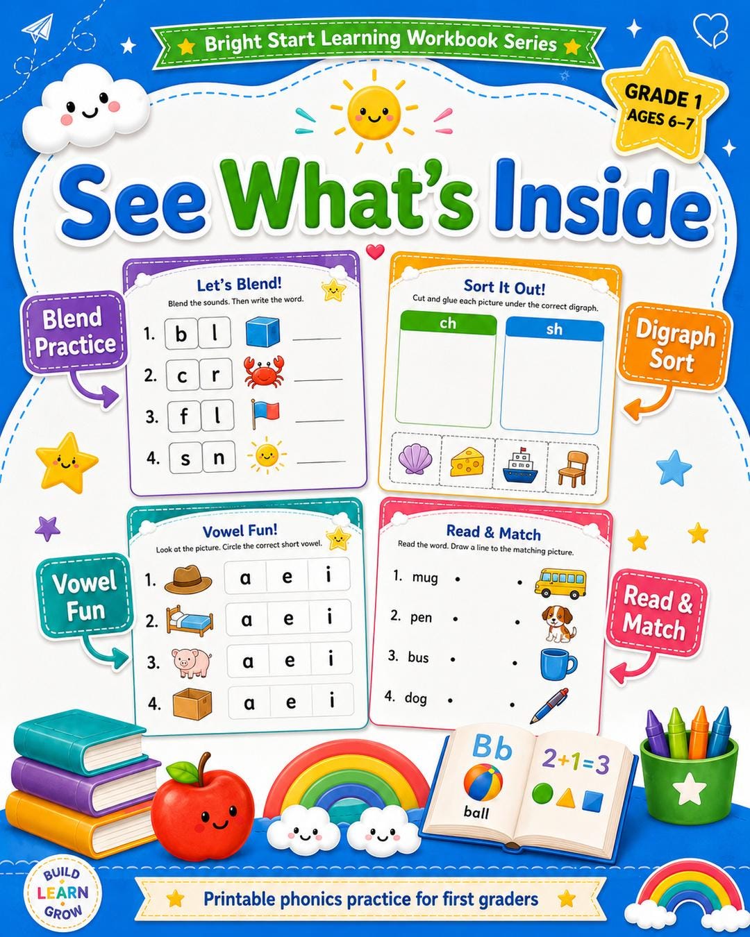 1st Grade Phonics Worksheets PDF, Grade 1 Reading Workbook, Digraphs