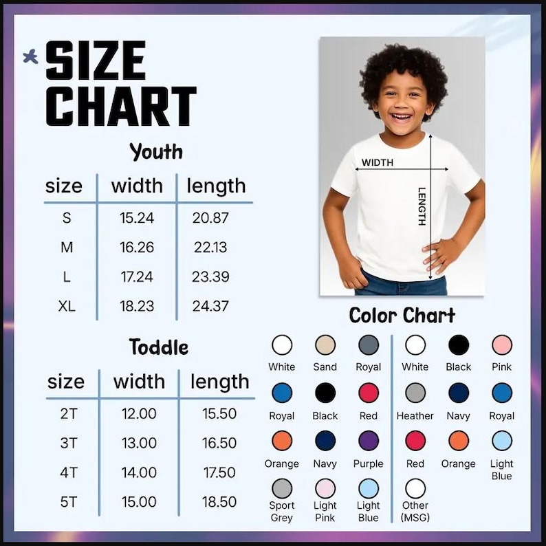 Puede incluir: Una tabla de tallas y colores para camisetas juveniles e infantiles. La secci&oacute;n juvenil lista tallas de S a XL con ancho y largo en cm. La secci&oacute;n infantil lista tallas de 2T a 5T en cm. Una carta de colores muestra las opciones disponibles.