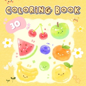 以下が含まれることがあります： 子供向けの塗り絵本の表紙で、遊び心のあるフォントで「COLORING BOOK」と書かれています。表紙には、さくらんぼ、リンゴ、スイカ、ブルーベリー、オレンジ、緑色のブドウ、バナナ、レモンなど、さまざまな果物のイラストが描かれており、すべて笑顔です。