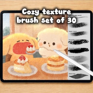 Puede incluir: Ilustración de arte digital en una tableta que muestra un "Cozy texture brush set of 30". La imagen presenta personajes de dibujos animados y postres. Un lápiz óptico señala opciones de pinceles como "Sugar crayon" y "Watercolor."