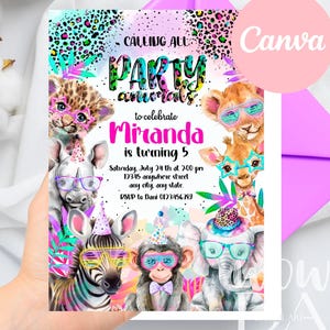 May include: A rectangular birthday invitation card featuring colorful illustrations of a leopard, rhino, zebra, monkey, elephant, lion, and giraffe wearing party hats and glasses. The text reads Calling All Party Animals to celebrate Miranda is turning 5.
