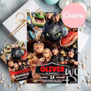 Puede incluir: Una invitación de cumpleaños y una etiqueta de agradecimiento a juego con personajes de Cómo entrenar a tu dragón. El texto dice Oliver is turning 5, Saturday 24 November y Thank you for celebration with me. El diseño incluye dragones y humanos.