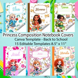 Puede incluir: Seis portadas de cuadernos editables con los personajes de dibujos animados Elsa, Moana, Tiana, Ariel, Anna y Mérida. Cada portada incluye una etiqueta para el nombre, patrones escolares y mide 21,59 cm por 27,94 cm.