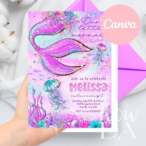 Puede incluir: Una tarjeta de invitación rectangular con una ilustración en acuarela de una cola de sirena morada y rosa, medusas, estrellas de mar y conchas sobre un fondo pastel. El texto dice Our little mermaid, Join us to celebrate Melissa, turning 5, Saturday, July 24th at 2:00 p.m., 12345 Anywhere Street, any city, any state, RSVP to Dani 123456789.