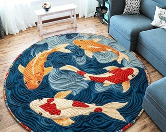 Tappeto rotondo in flanella con motivo di carpe koi, tappeto giapponese per pavimenti, tappeto rotondo morbido, lavabile e antiscivolo, decorazione zen per la casa.