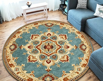 Tappeto rotondo persiano in flanella, tappeto vintage con medaglione, tappetino antiscivolo morbido e lavabile, ideale per arredare il soggiorno.