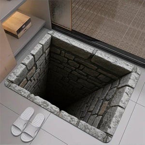 May include: A rectangular floor mat featuring a high-contrast, three-dimensional optical illusion print of a deep, dark stone-lined well or pit. The design uses grey and brown tones to mimic stacked masonry blocks, creating a realistic depth effect.