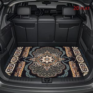 May include: A black car trunk liner featuring an intricate, symmetrical floral and medallion pattern in shades of teal, gold, cream, and brown. The text 2D FLAT is printed in red in the upper right corner of the interior vehicle space.