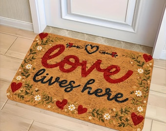 Love Lives Here Flannel Bath Mat, Floral Heart Welcome Rug, Non Slip Bathroom Floor Mat, Farmhouse Kitchen Entryway Decor