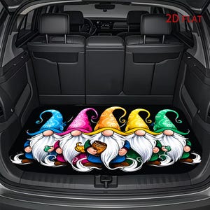 May include: A black car trunk mat featuring a colorful graphic of five gnomes with long white beards and pointed hats in blue, pink, orange, yellow, and green. The text 2D FLAT is printed in red in the upper right corner of the image.