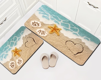 Beach Bath Mat, Coastal Ocean Bathroom Rug, Starfish Seashell Quick Dry Bath Mat, Non Slip Absorbent Floor Mat, Coastal Home Decor