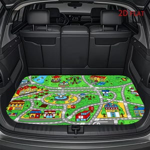 May include: A rectangular car trunk mat featuring a colorful printed city map design on a green background with gray roads, various buildings, a central fountain, a ferris wheel, and trees. The text 2D FLAT is visible in the top right corner.