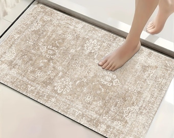 Vintage Floral Bath Mat, Beige Persian Style Bathroom Rug, Quick Dry Non Slip Absorbent Floor Mat, Neutral Boho Home Decor