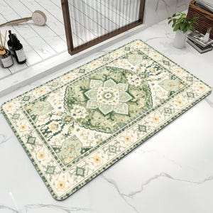 May include: A rectangular bath mat featuring a central green and cream floral mandala pattern. The design includes a decorative border with small yellow flowers and geometric shapes, set against a light cream background with a soft texture.