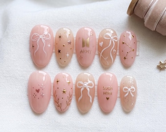 Handgemachte Kpop Nail Box: Romantische BTS ARMY Goldfolie Press On Nails