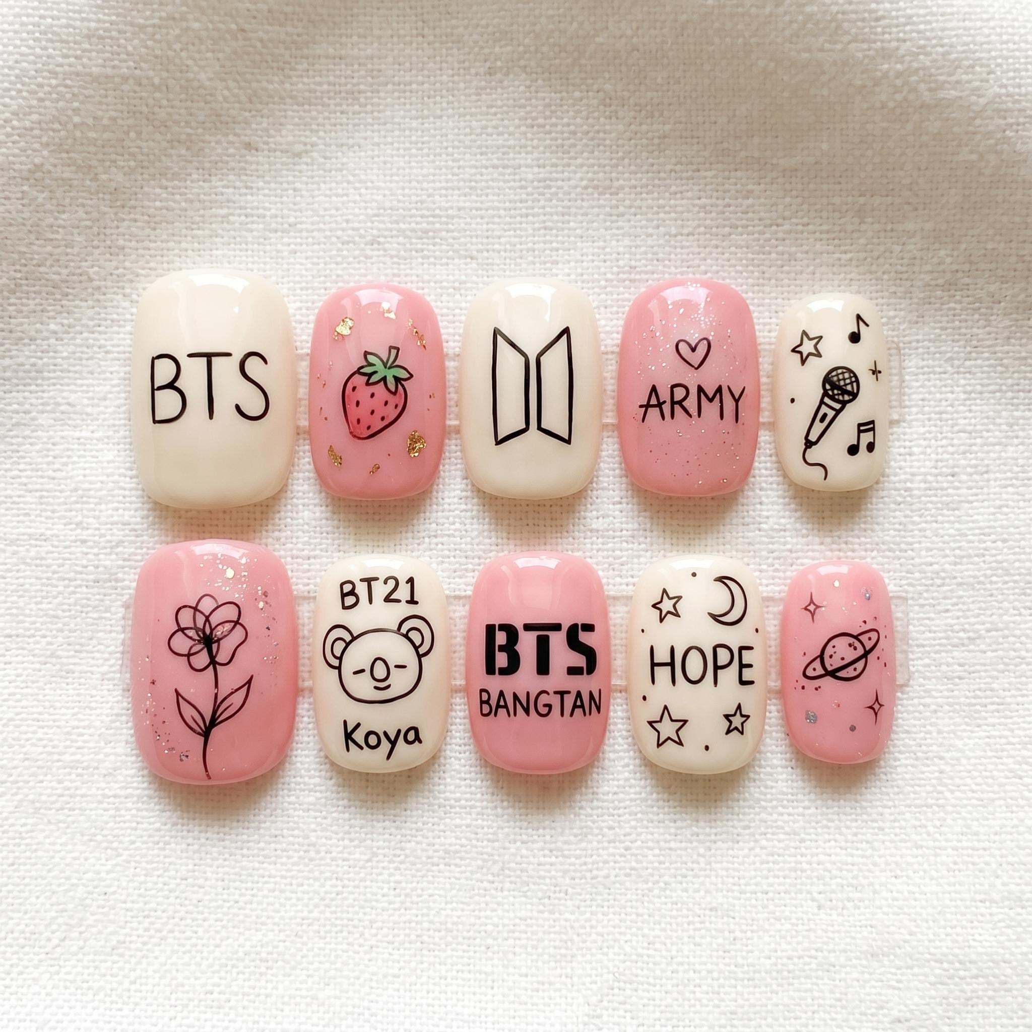 Handmade Kpop Nail Box: Sweet BTS ARMY Pink Glitter Press On Nails