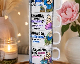 NORELD Essentials Abuelitos Espresso Cup Set | 4 Funny Spanish Coffee Cups with Stand | Grandma & Grandpa Gift