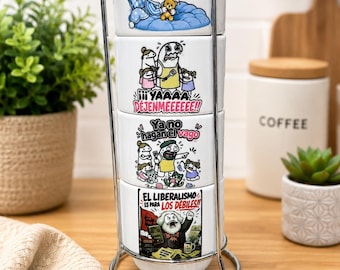 NORELD Essentials Funny Spanish Espresso Cup Set | 4 Ceramic Coffee Cups with Stand | Novelty Gift Set
