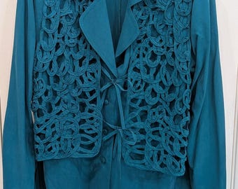 Vintage 100% Silk Teal Blouse Attached Ribbon Macrame Vest Set Oversized Whimsy