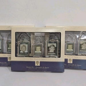May include: Three Hallmark The Family Tree starter kit boxes, each containing silver-toned metal photo holders with decorative accents. The packaging features a dark blue base with white text and a tree icon, displaying various portrait photos.