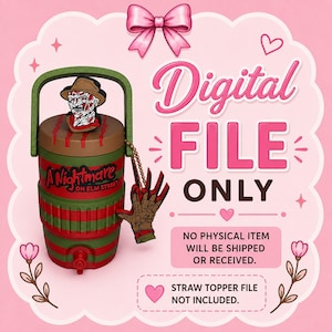Puede incluir: Un archivo digital que muestra un enfriador de bebidas a rayas verdes y rojas con un adorno de Freddy Krueger y un dije de guante. El texto dice Digital File Only, No physical item will be shipped or received, Straw topper file not included.