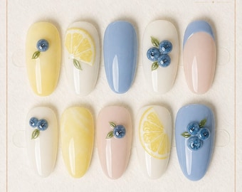 Blueberry Lemon Press On Nails – Handmade Almond Custom Size Nails