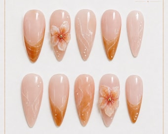 Peach Amber Floral Press On Nails | Handmade Custom Size Almond Fake Nails, Romantic Reusable Nail Set