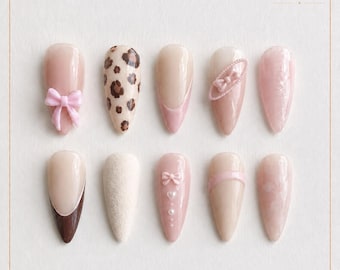 Pink Leopard Bow Press On Nails | Handmade Custom Size Almond Fake Nails, Coquette Reusable Nail Set