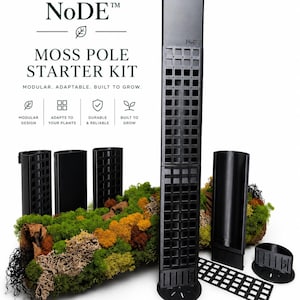 May include: A black modular moss pole starter kit featuring the text NoDE MOSS POLE STARTER KIT. The kit includes several black plastic grid-patterned pole segments, a circular base, and a flat grid piece, displayed alongside green and orange moss.