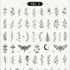 Op de afbeelding: Zwart-wit botanische illustraties op een crèmekleurige achtergrond. De afbeelding bevat verschillende bloemen en natuurlijke elementen, waaronder bloemen, bladeren, paddenstoelen, motten en een maan. Tekst bovenaan luidt "BOTANICAL FILLER PACK VOL. 3". De tekst onderaan zegt "70+ MINIMAL DESIGNS".